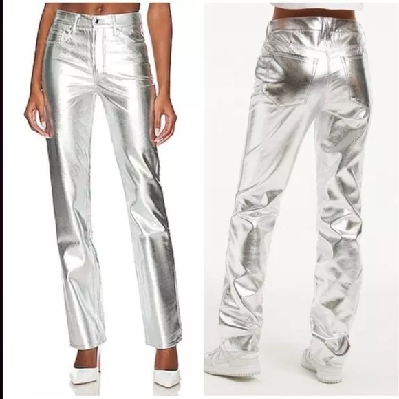 Good American Faux Leather Good Icon Straight Pants SilverMetallic- size 00 - Picture 3 of 5